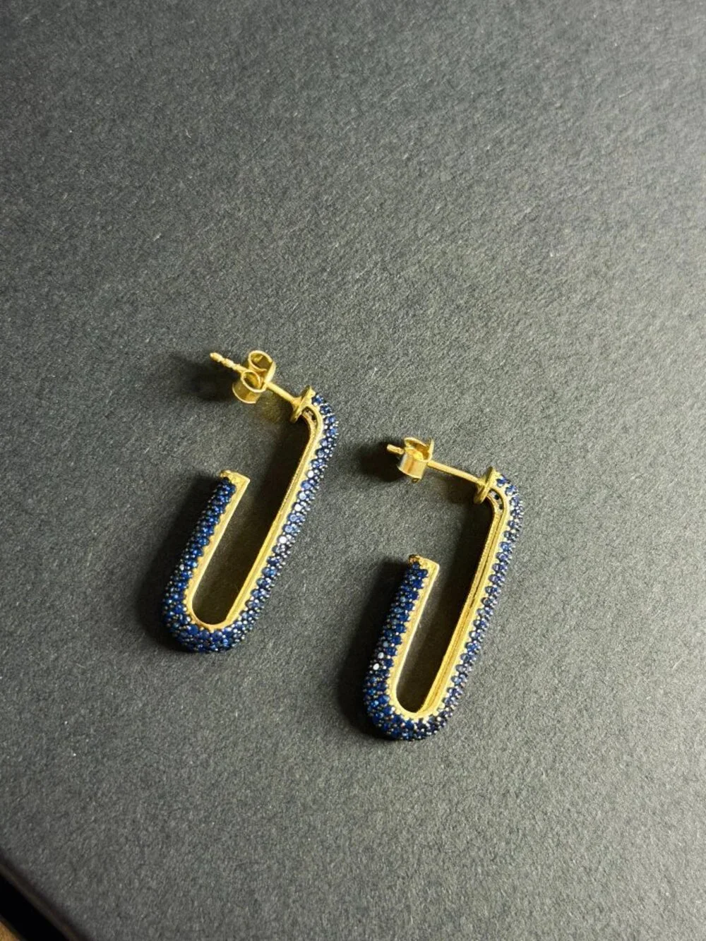 MARLYN SCHIFF - Gold Tone Blue CZ Rectangular Hoop Earrings Micro Pavé Jewelry - Picture 1 of 1